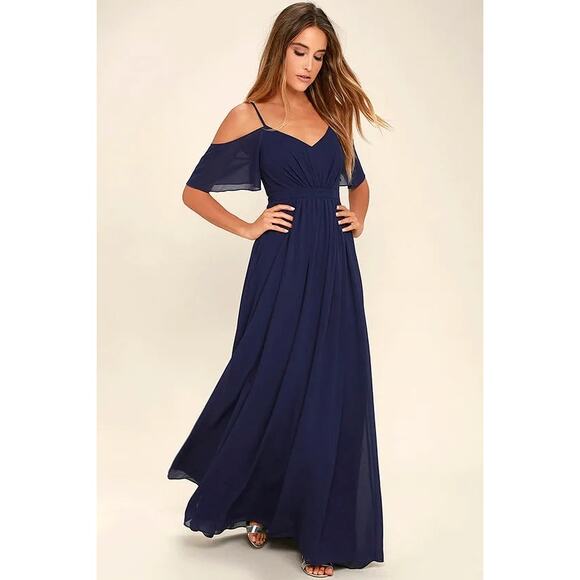 Lulus Ways Of Desire Blue Chiffon Flutter Sleeve Maxi Dress Women Size M Formal - Picture 1 of 10